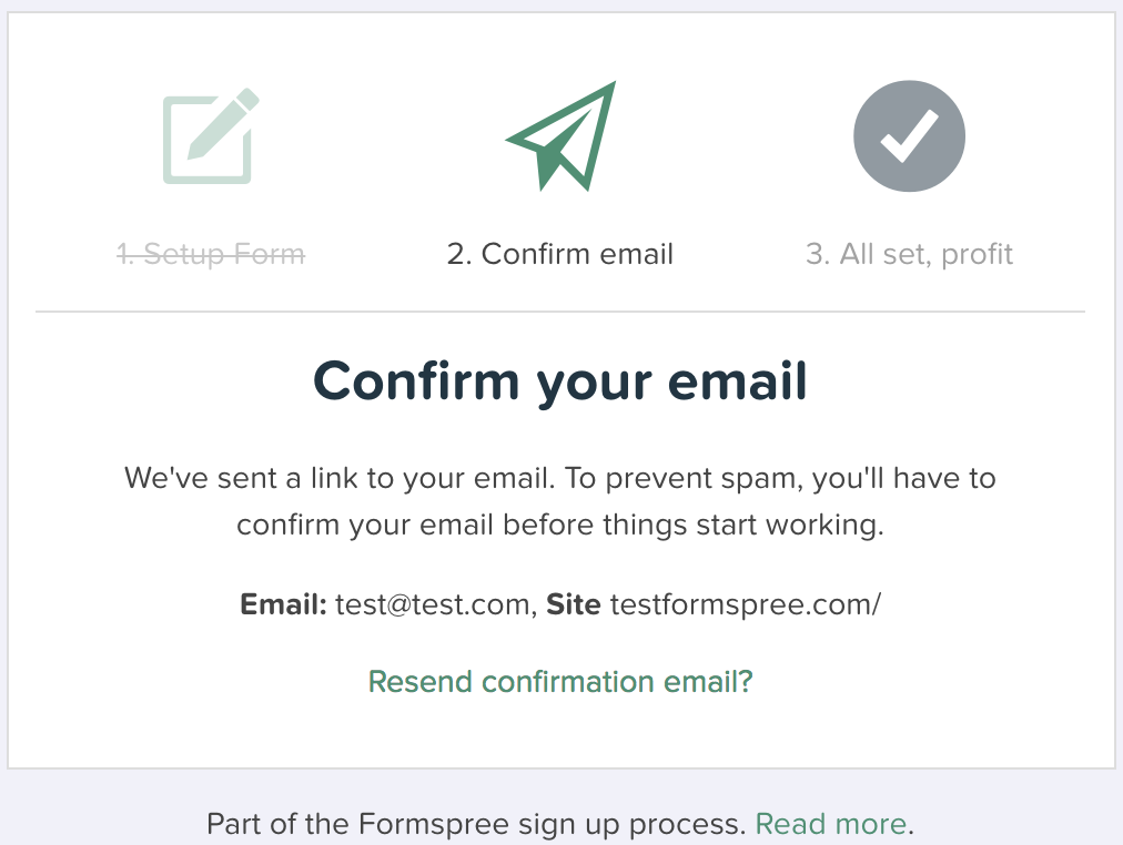 Formspree sign-up process for contact form email